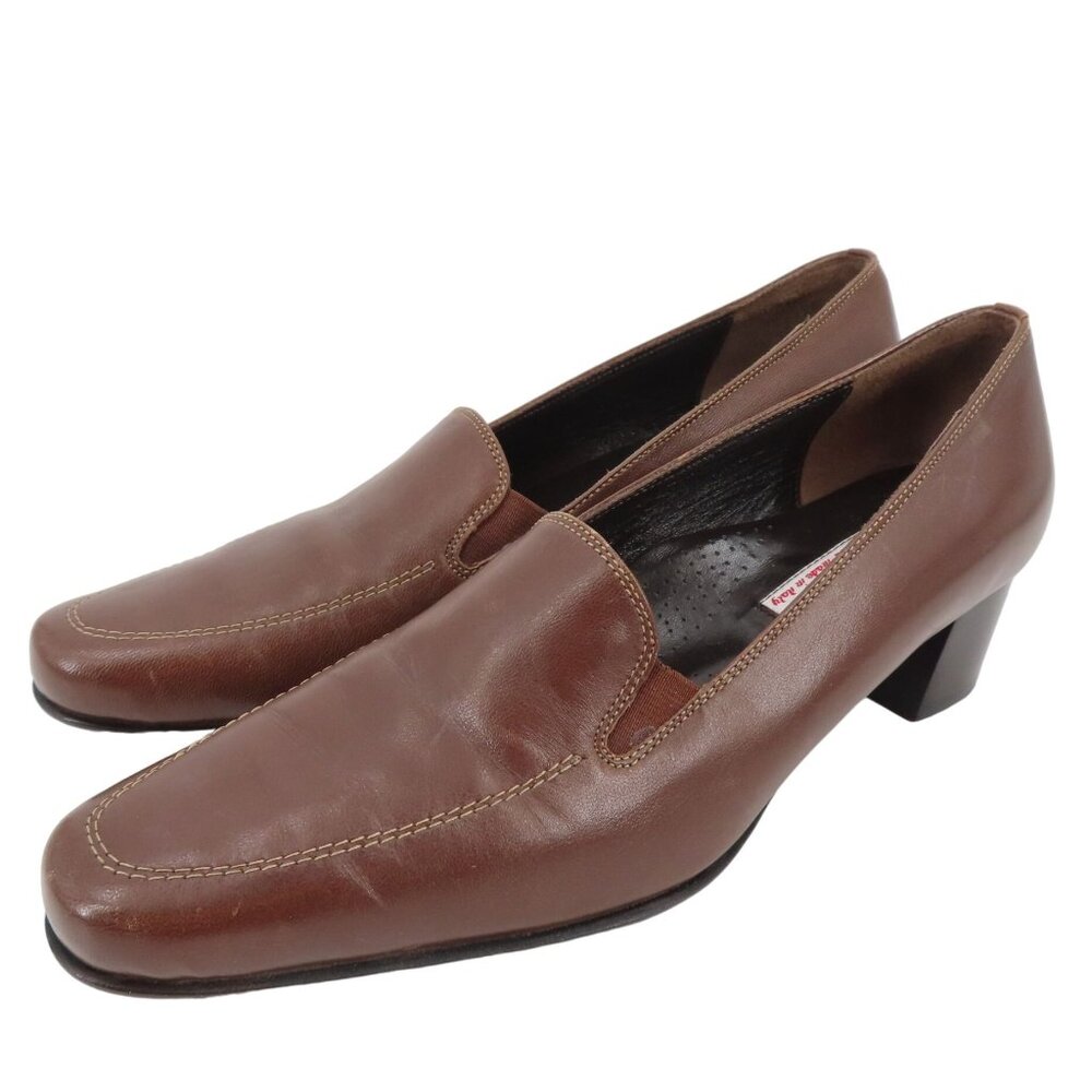 VTG Valleverde Womens 38.5 EUR 8.5 US Brown Leather Loafer Heels Made in Italy